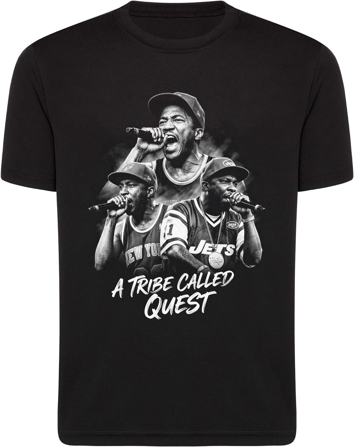 Black t-shirt with 'A Tribe Called Quest' graphic design on a white background