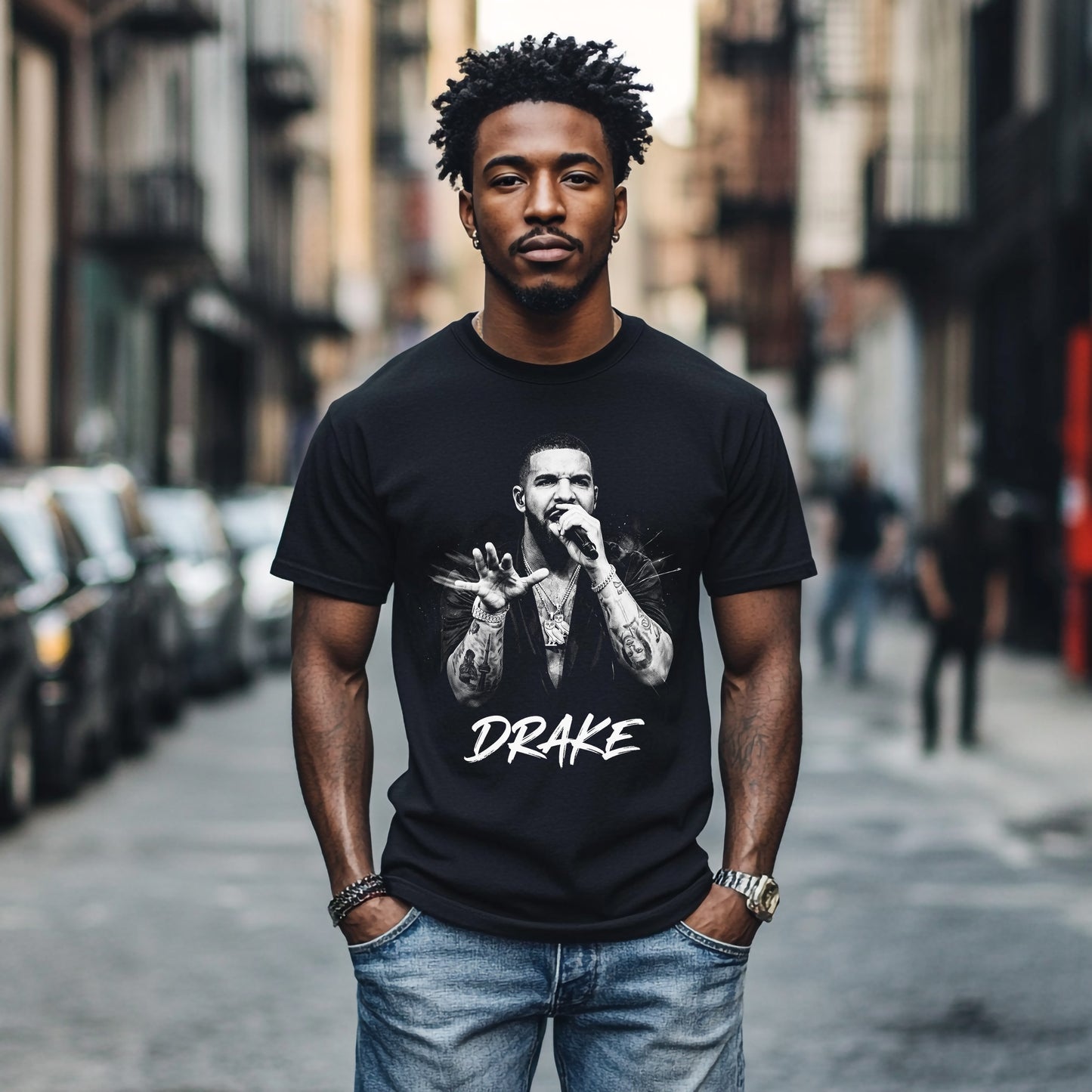 Man wearing a black t-shirt with a graphic of a famous person and the name 'Drake' on a city street.