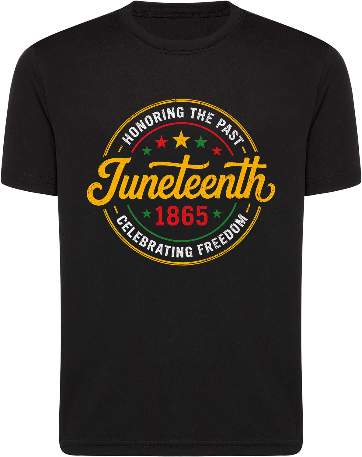 Black t-shirt with Juneteenth 1865 graphic design on a white background