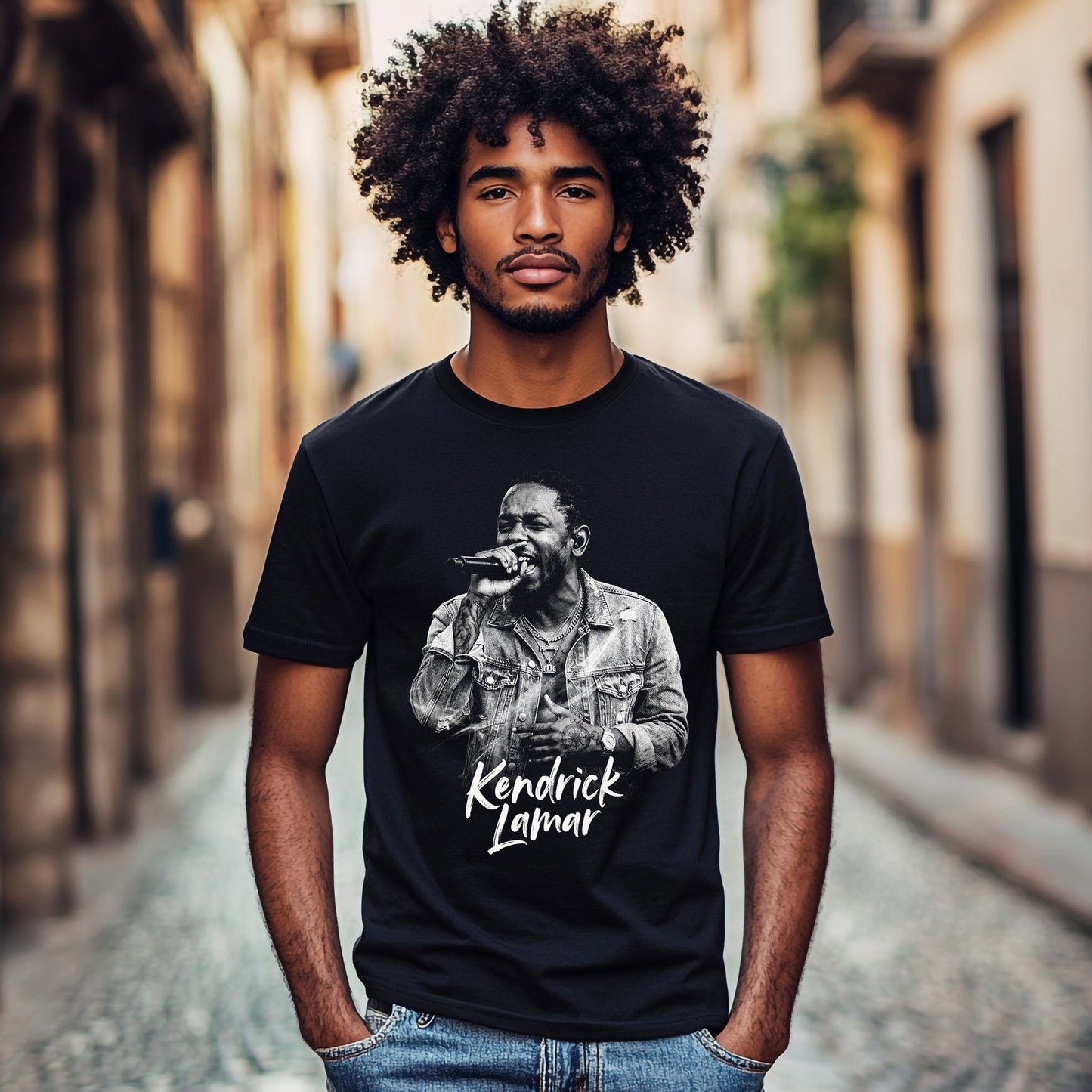 Man wearing a black t-shirt with a graphic of a person and 'Kendrick Lamar' text, standing in a street.