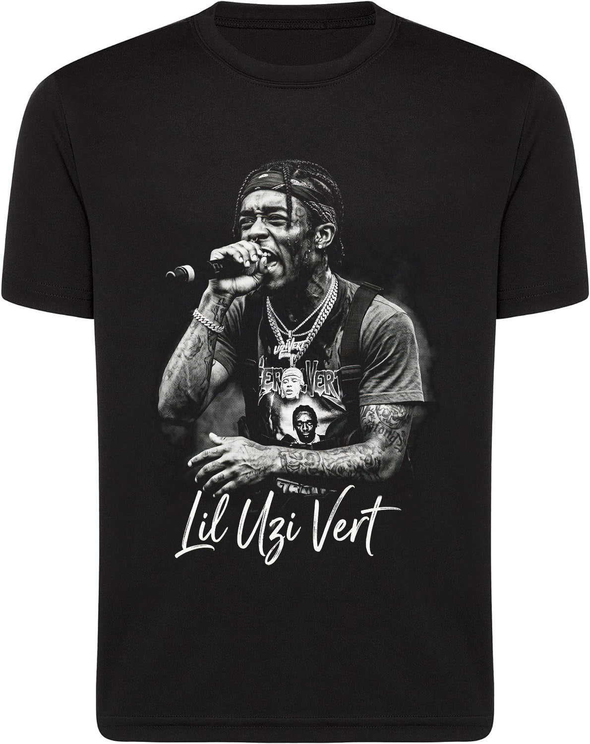 Black t-shirt with a graphic of a person holding a microphone and 'Lil Uzi Vert' text.