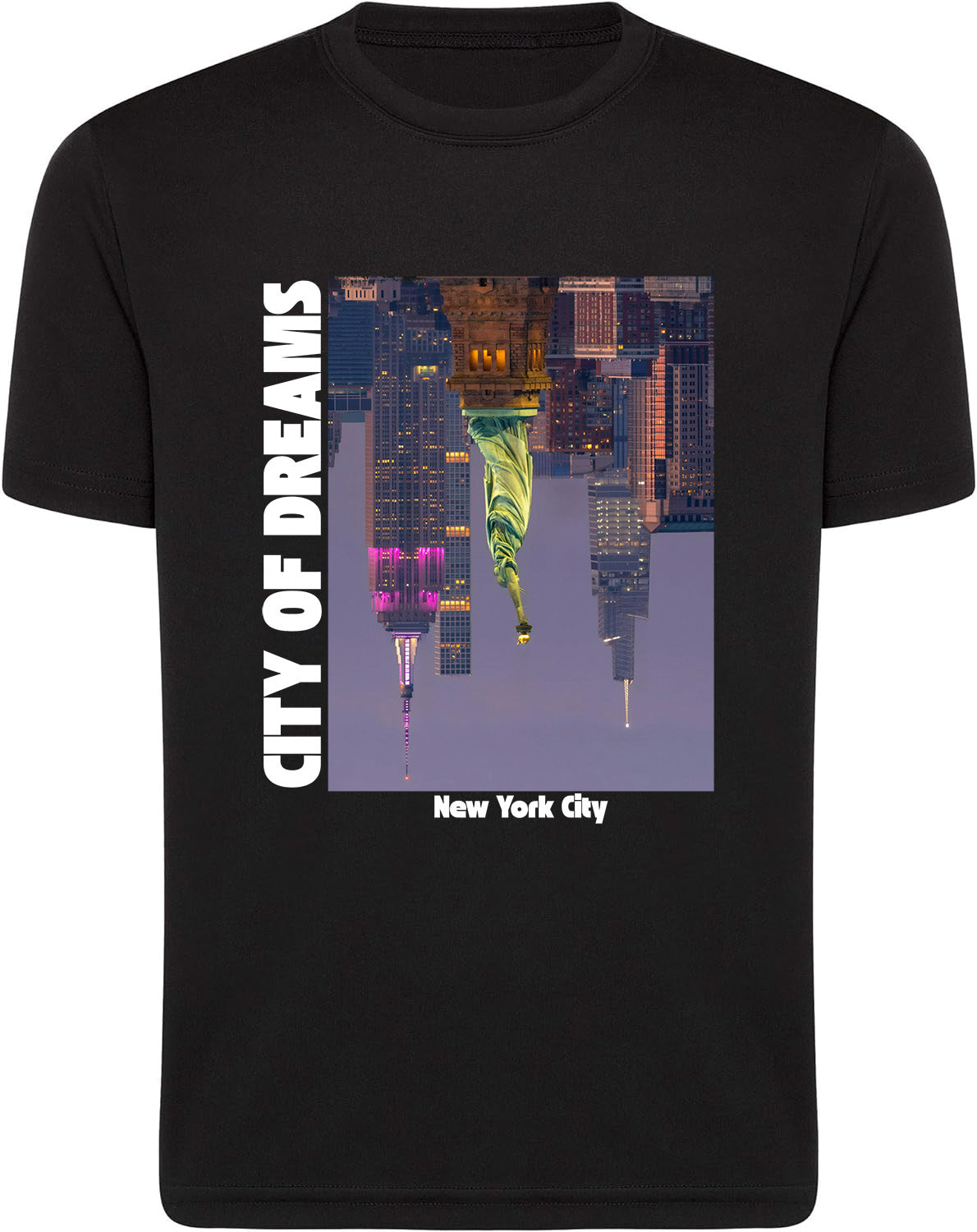 Black t-shirt with a colorful cityscape graphic and 'City of Dreams New York City' text.