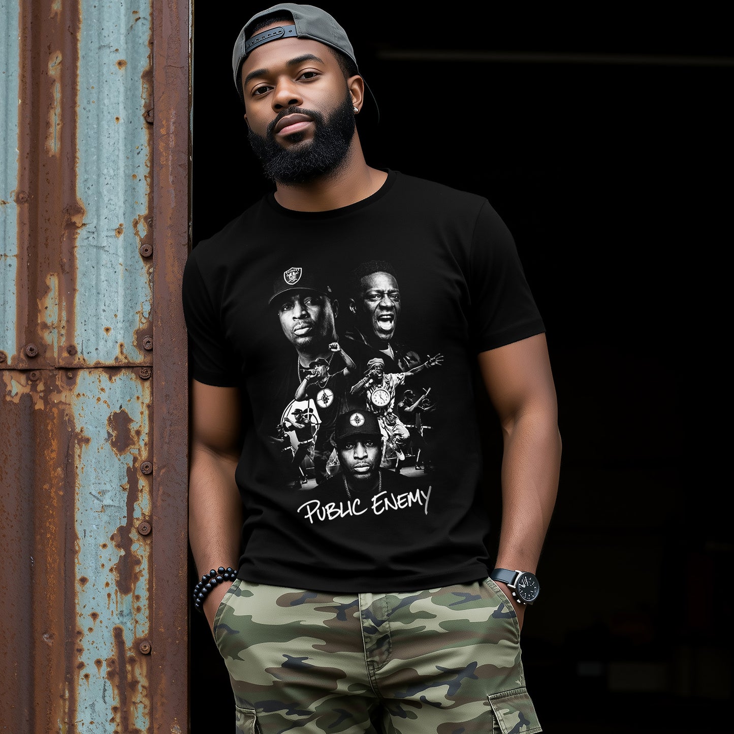 Man wearing a black t-shirt with 'Public Enemy' graphic design, standing against a dark background.