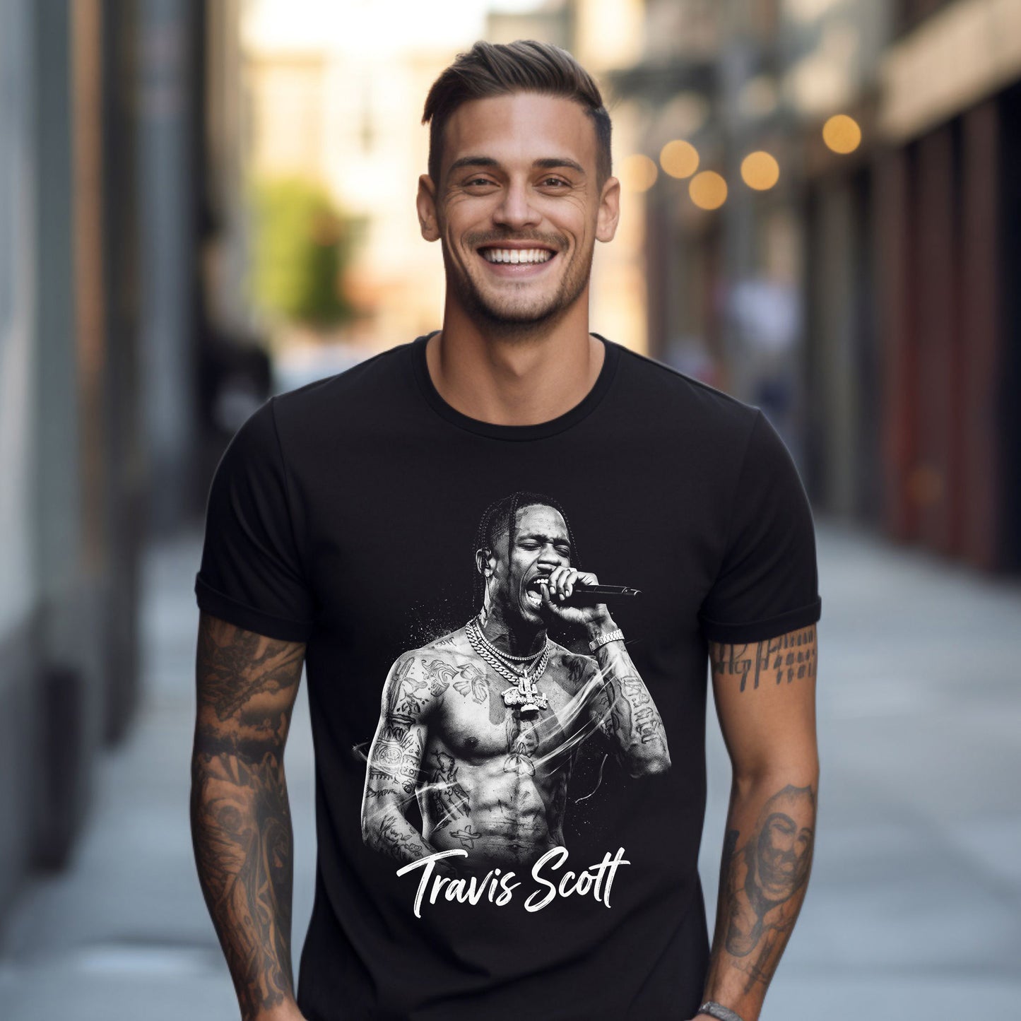 Man wearing a black t-shirt with a graphic of Travis Scott on a city street.