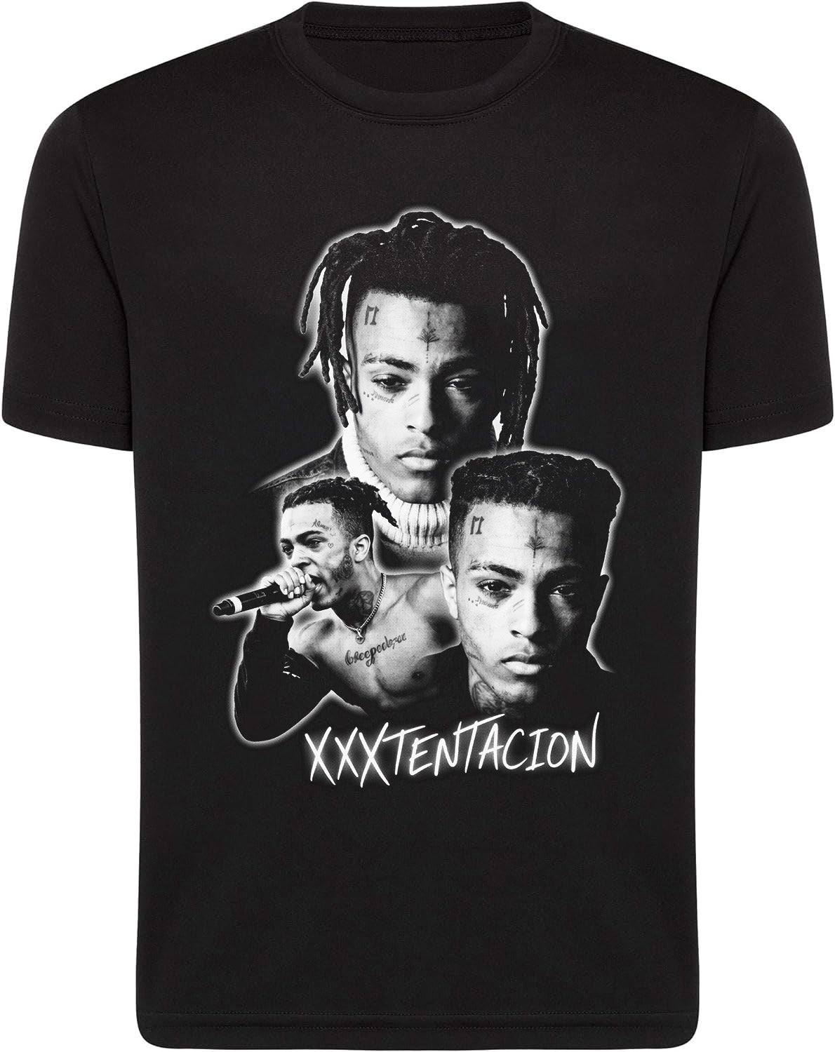 Black t-shirt with graphic of a person and 'XXXTENTACION' text on a white background