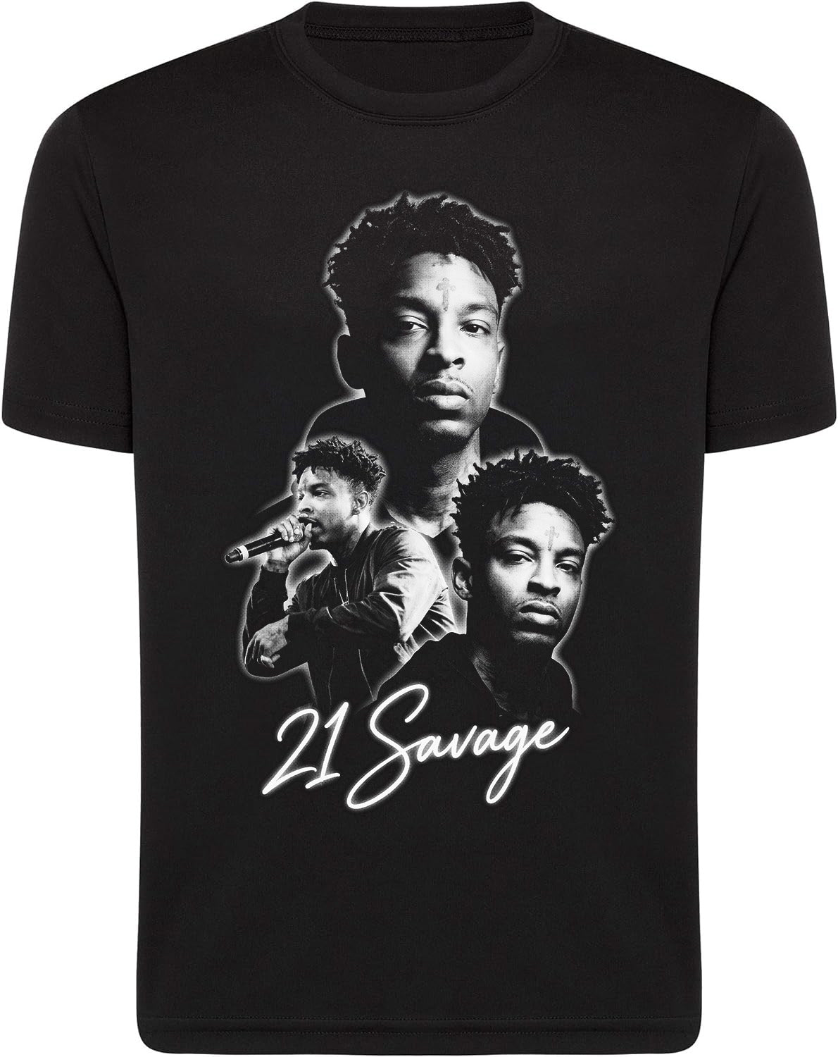Black t-shirt with a graphic of a male figure and '21 Savage' text on a white background
