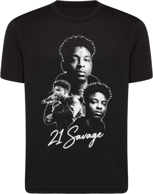 Black t-shirt with a graphic of a male figure and '21 Savage' text on a white background