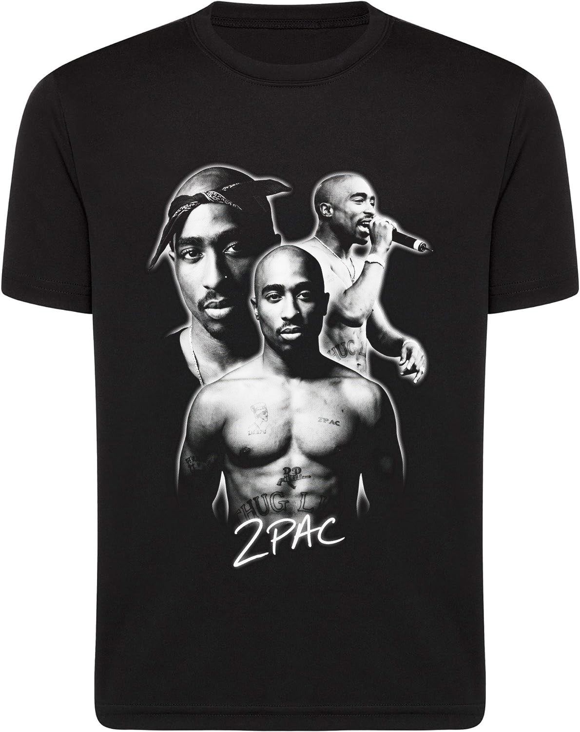 Black t-shirt with graphic of a famous musician and '2Pac' text on a white background 2pac celebrity big face black tee