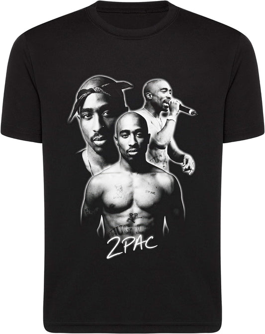Black t-shirt with graphic of a famous musician and '2Pac' text on a white background 2pac celebrity big face black tee