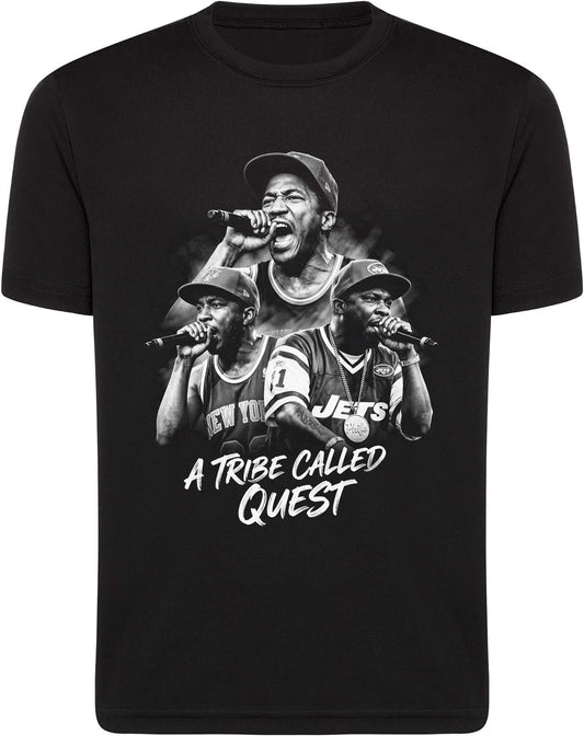 Black t-shirt with 'A Tribe Called Quest' graphic design on a white background