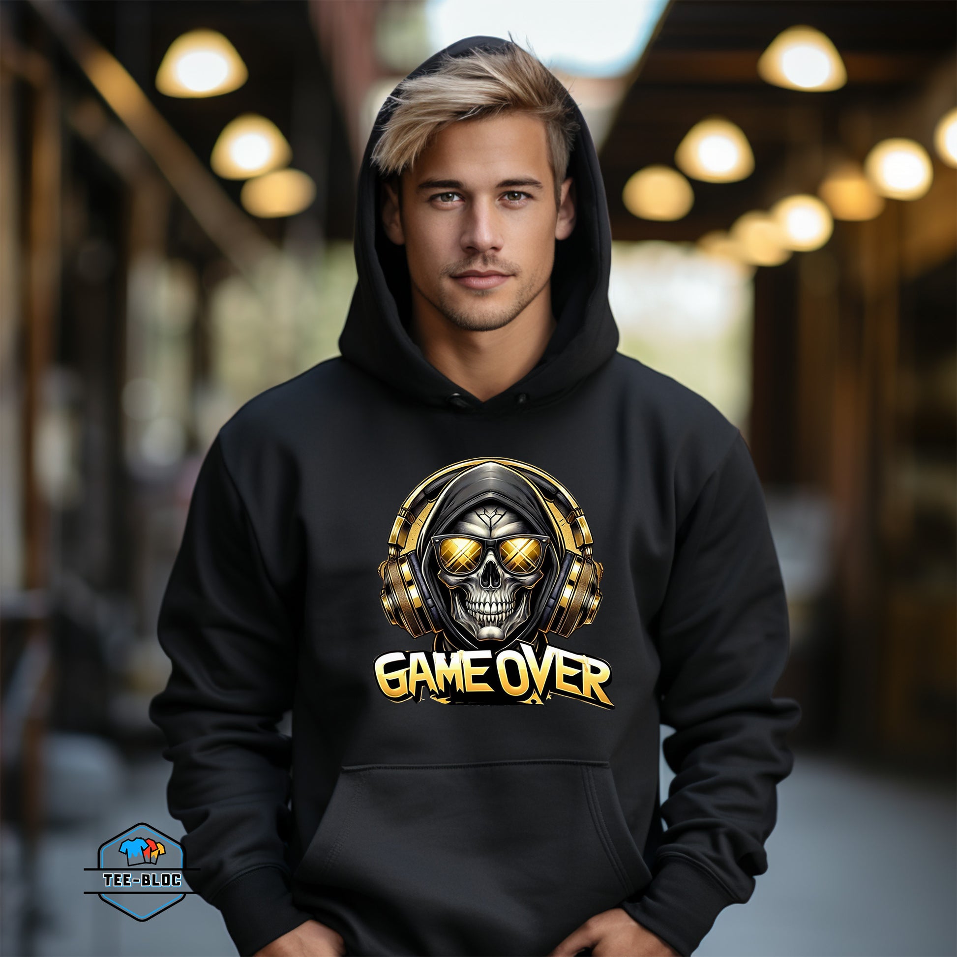 Game Over Skull and Headphones Graphic Printed Black Hoodies Model