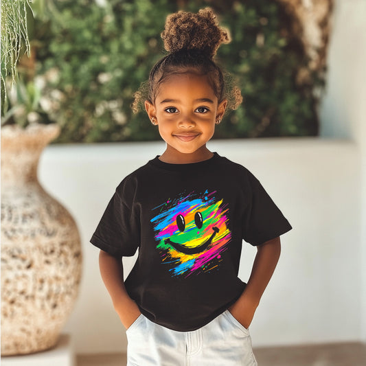 A young girl with her hair in a high bun stands smiling, wearing a black Kids Abstract Smiley Face T-Shirts with a colorful, vibrant smiley face graphic on the front, paired with white pants.