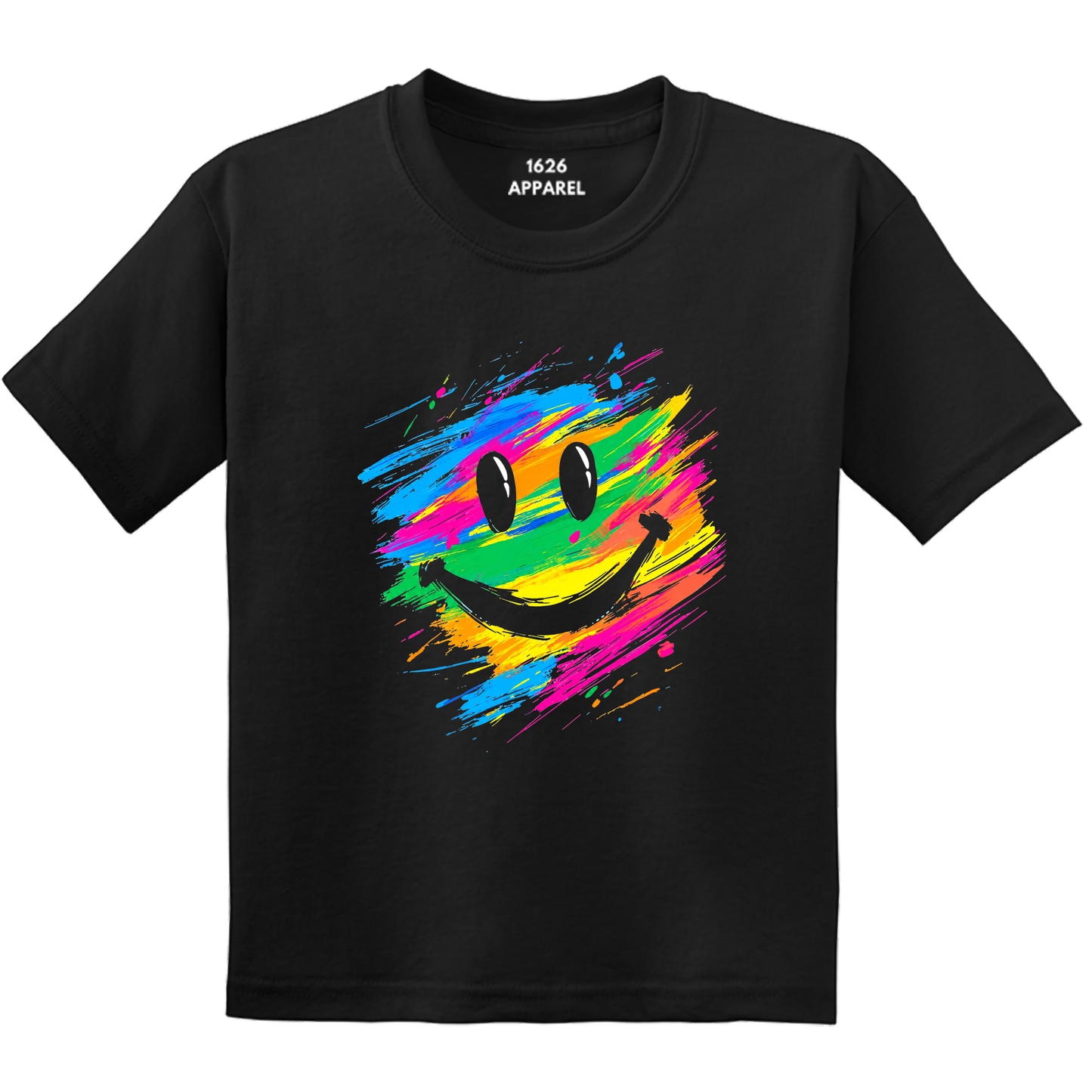 A black short-sleeve crewneck t-shirt featuring a colorful, vibrant paint-splattered smiley face graphic on the front. The inner collar label displays the brand name '1626 APPAREL'.