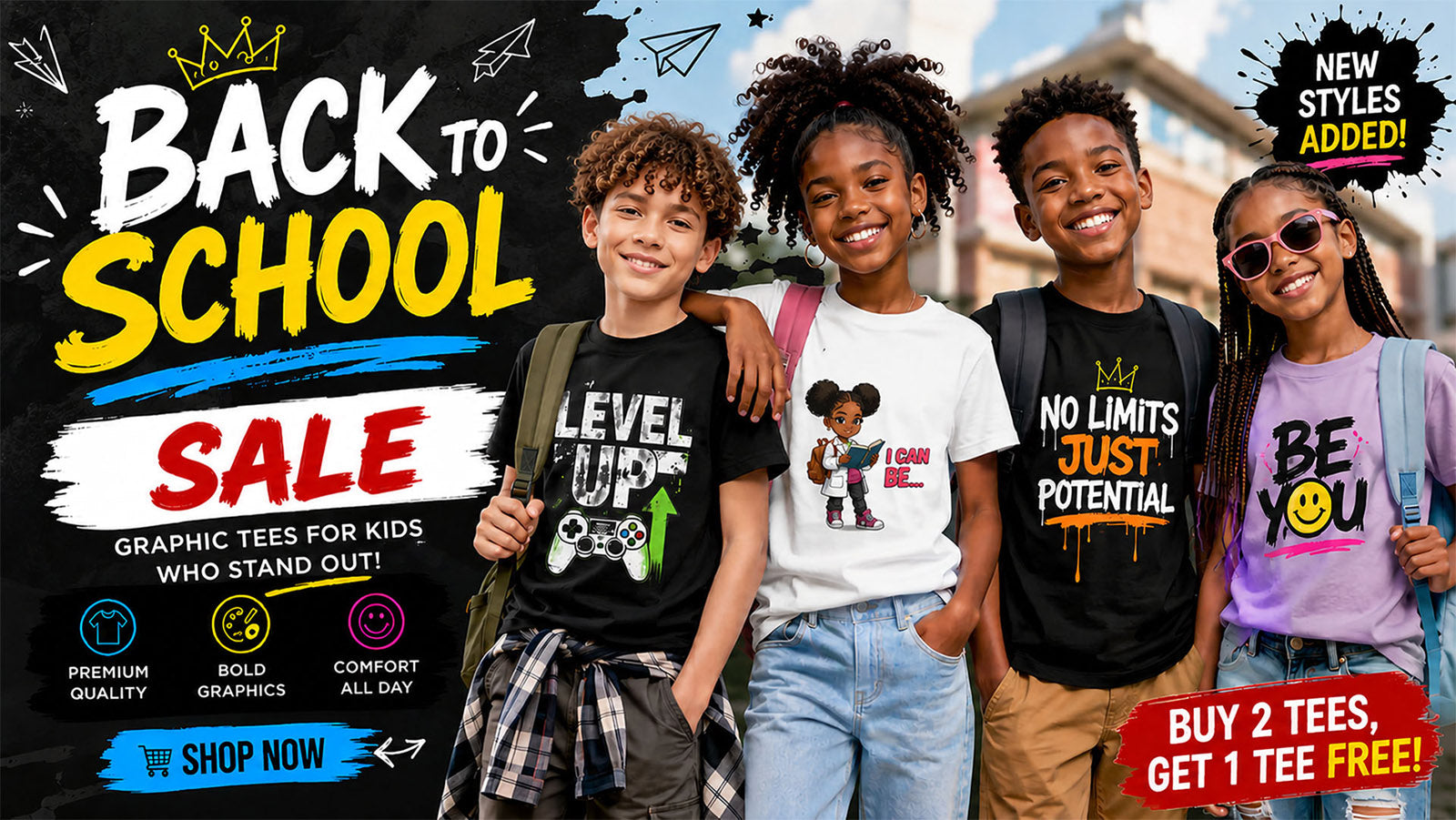 A promotional graphic for kids' graphic tees featuring four children wearing different printed t-shirts in front of a blurred school building background. Large text reads 'BACK TO SCHOOL SALE' with 'NEW STYLES ADDED!' and 'BUY 2 TEES, GET 1 FREE!'.