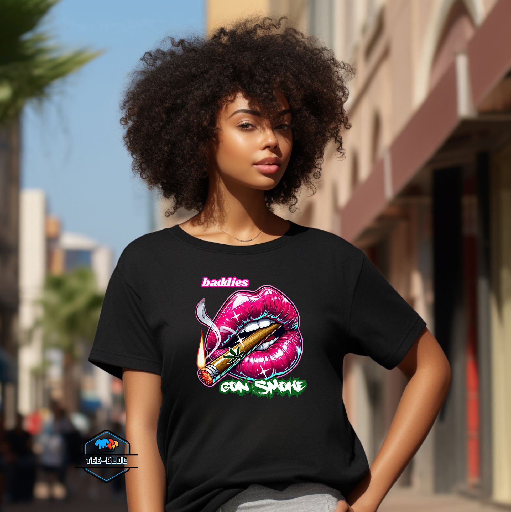 Women's Baddies Gon Smoke Graphic Printed Black T-Shirts Model