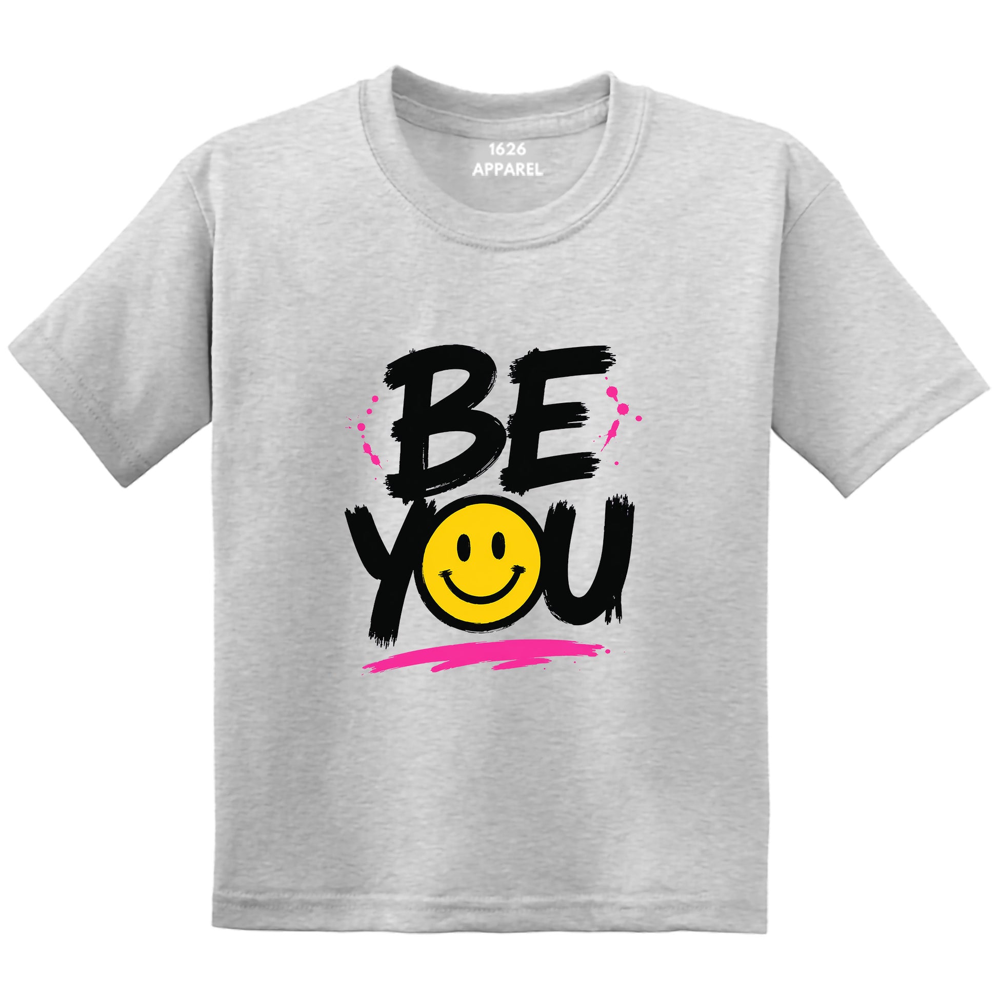 A light heather gray short-sleeve t-shirt with a graphic on the front that reads 'BE YOU' in black brush lettering, accented with pink paint splatters and a yellow smiley face, on a plain white background.
