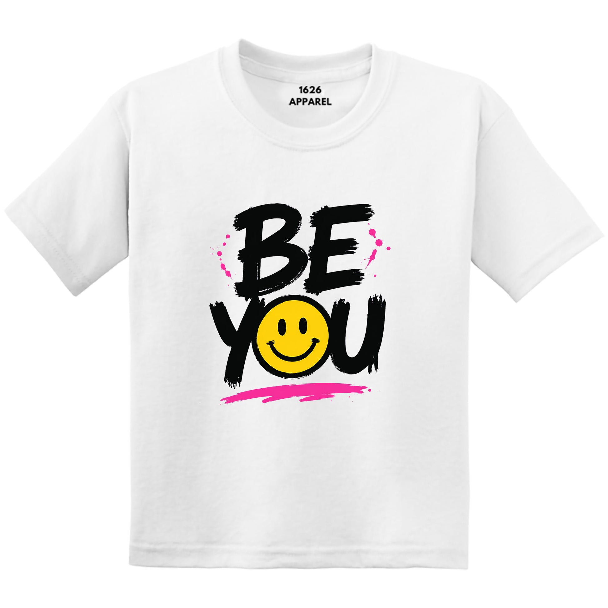 A white short-sleeve crewneck t-shirt featuring a graphic print on the front that reads 'BE YOU' in black brush-style lettering, with a yellow smiley face replacing the letter 'O' and pink paint-splatter accents.