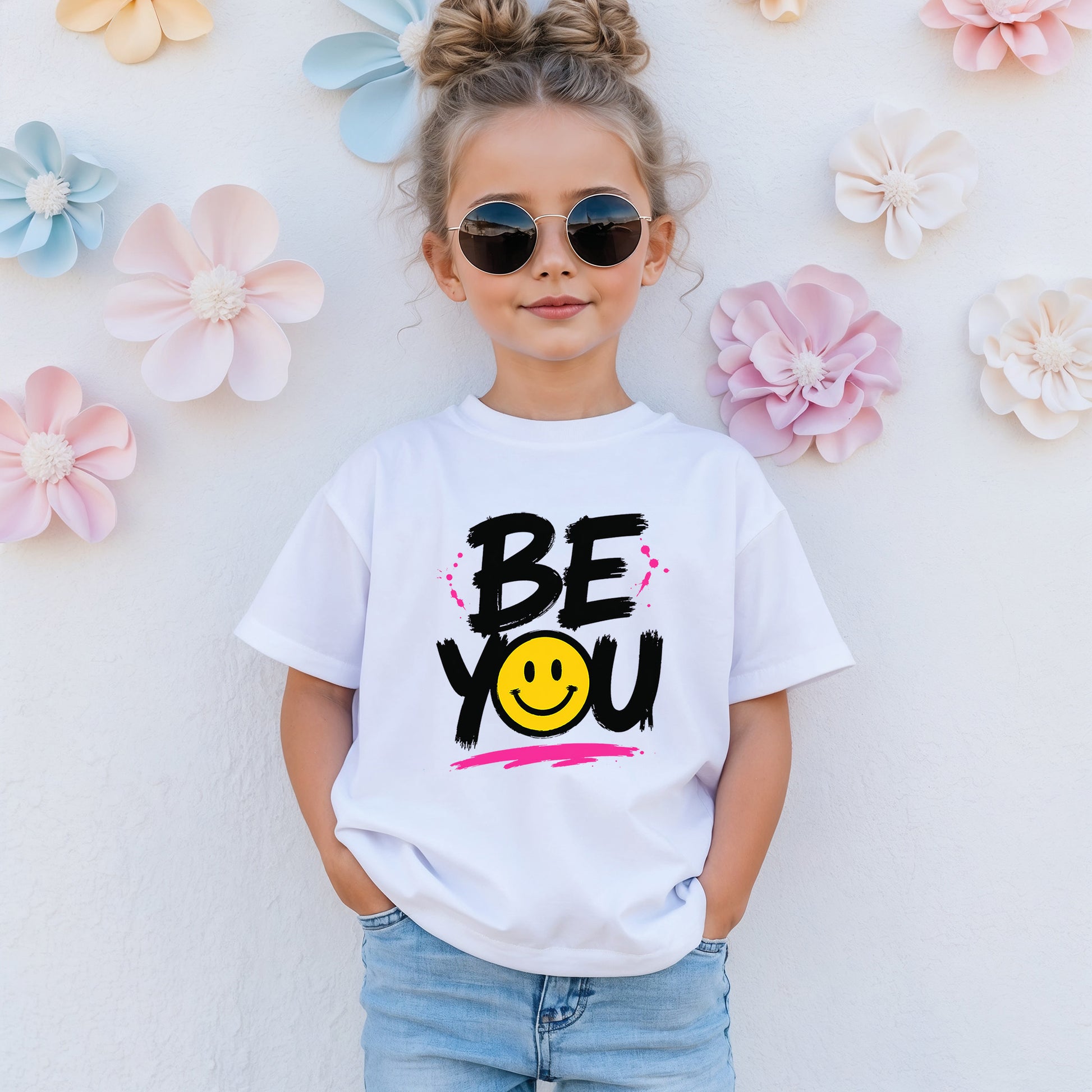 A young girl with her hair in two buns and round sunglasses wearing a kids Be You graphic t-shirt.