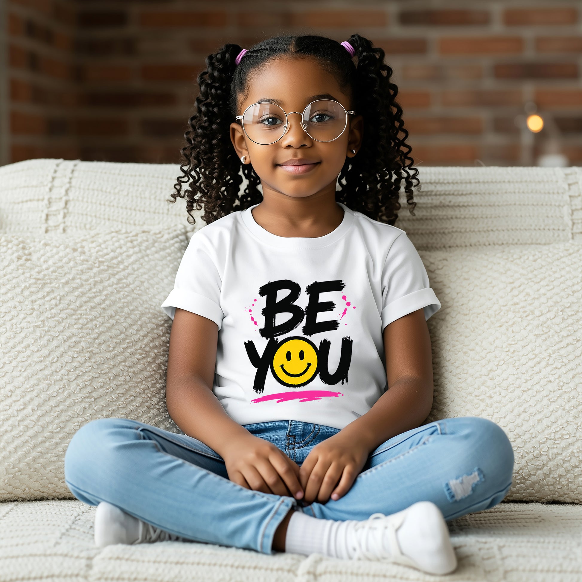 A young girl with curly hair and glasses sits cross-legged on a cream-colored couch, wearing a kids Be You graphic t-shirt.