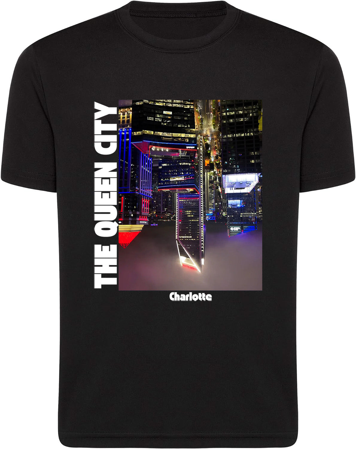 Black t-shirt with Charlotte cityscape graphic with white text.