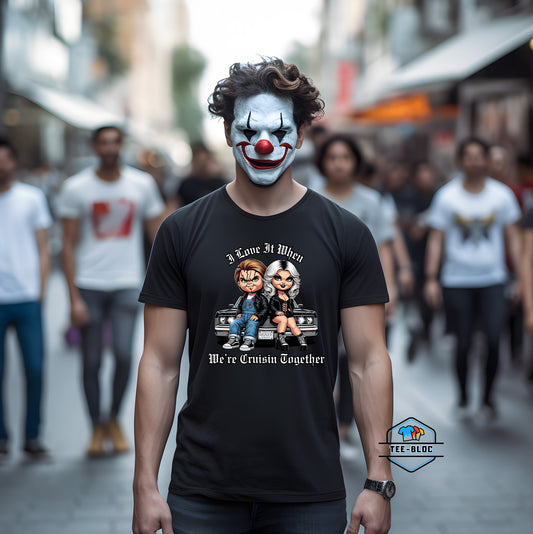 Cruisin with Chucky Halloween Graphic Printed Black T-Shirts