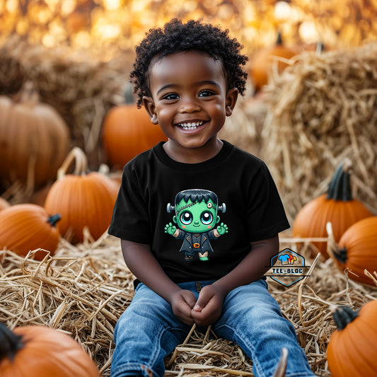 Kids' Cute Frankenstein Halloween Graphic Black T-Shirts