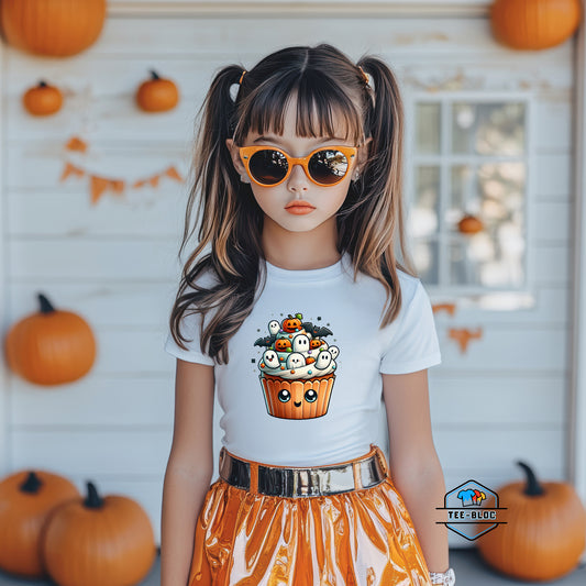 Kids' Halloween Cupcake White Graphic T-Shirts Model