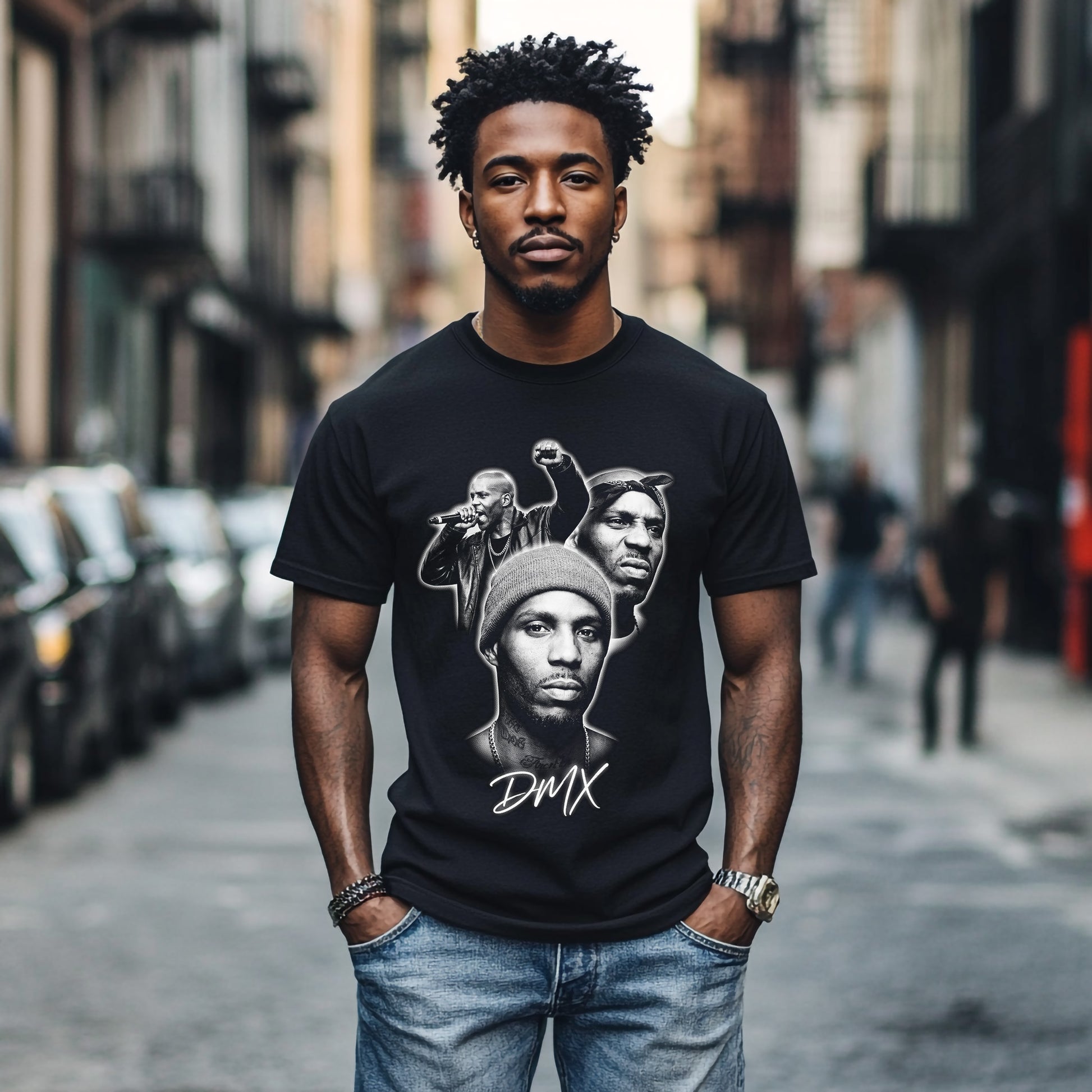 model wearing black dmx celebrity big face tee