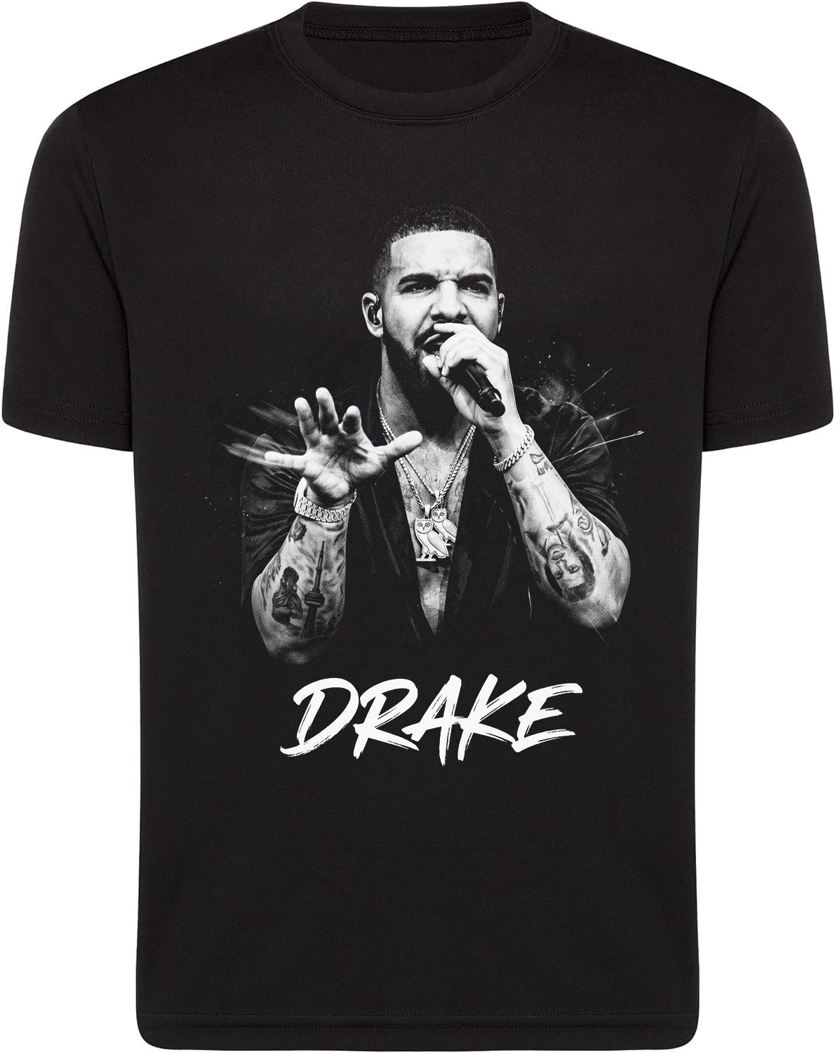 Black t-shirt with a graphic of a person singing and the name 'Drake' printed below on a white background.