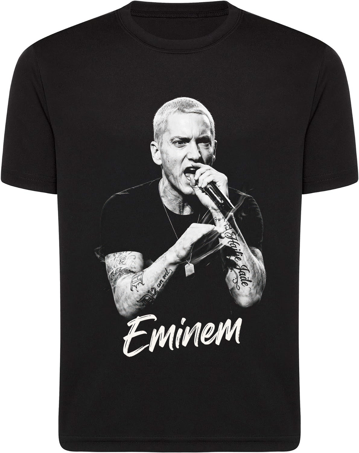 Black t-shirt with a graphic of Eminem holding a microphone and the word 'Eminem' printed below.
