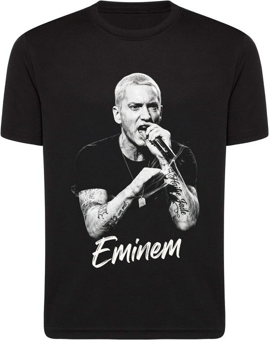 Black t-shirt with a graphic of Eminem holding a microphone and the word 'Eminem' printed below.