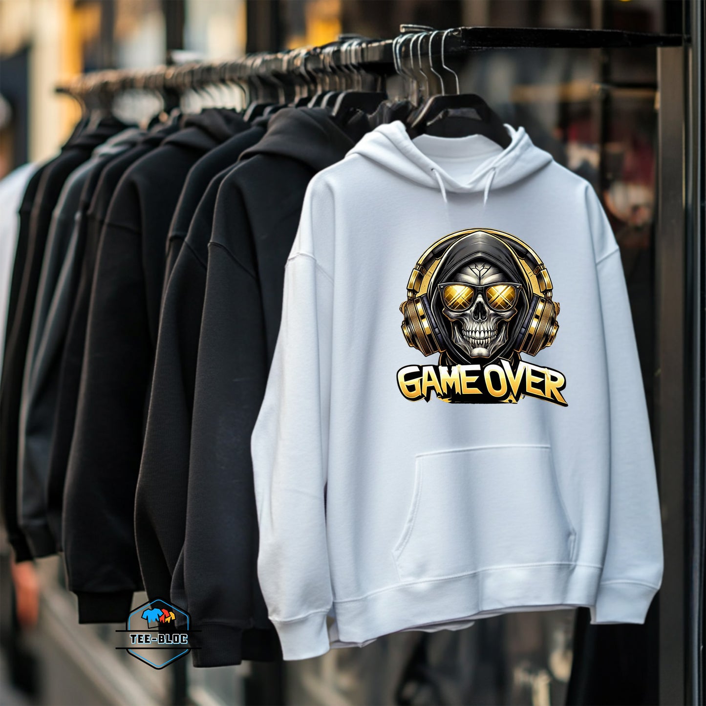 Game Over Skull and Headphones Graphic Printed Hoodies Rack