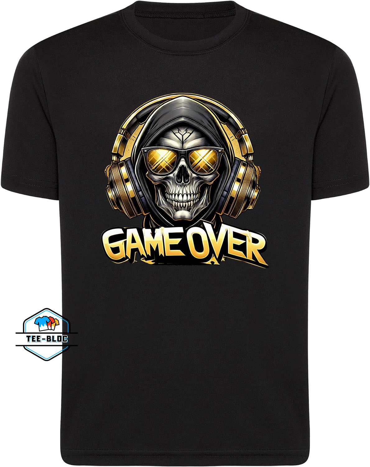 Game Over Skull and Headphones Graphic Printed Black T-Shirts