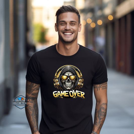 Game Over Skull and Headphones Graphic Printed T-Shirts Model