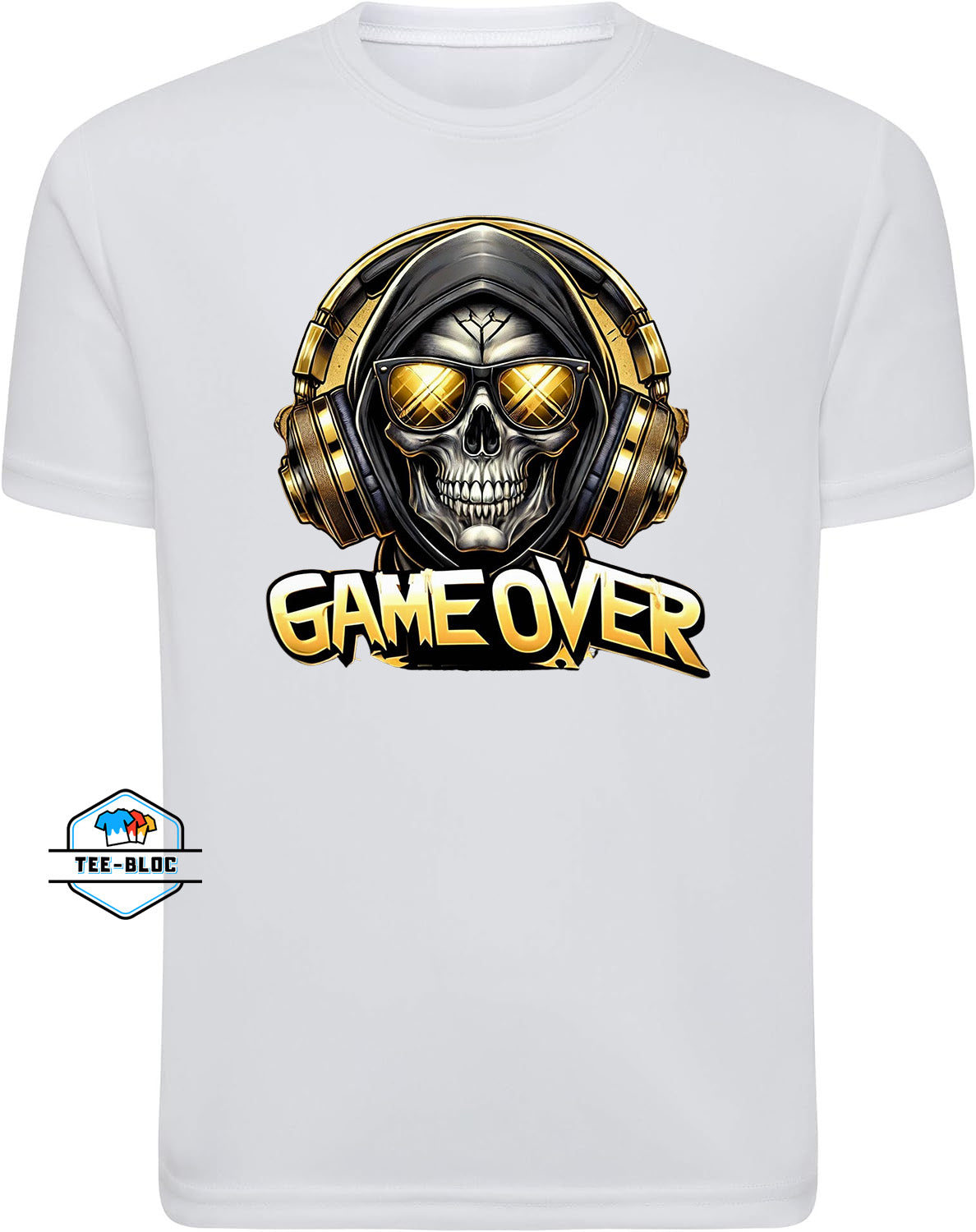 Game Over Skull and Headphones Graphic Printed White T-Shirts