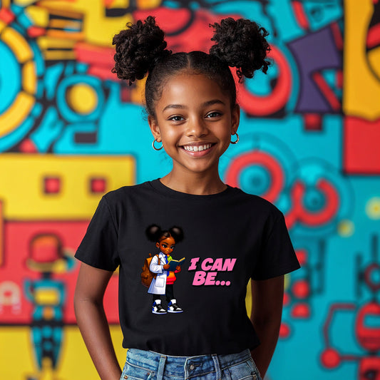 A young girl with two buns smiling in front of a colorful graffiti-style wall, wearing a black graphic t-shirt that reads 'I CAN BE.