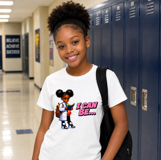 A smiling young girl with curly hair stands in a school hallway wearing a white Girls I Can Be A Doctor T-Shirt.