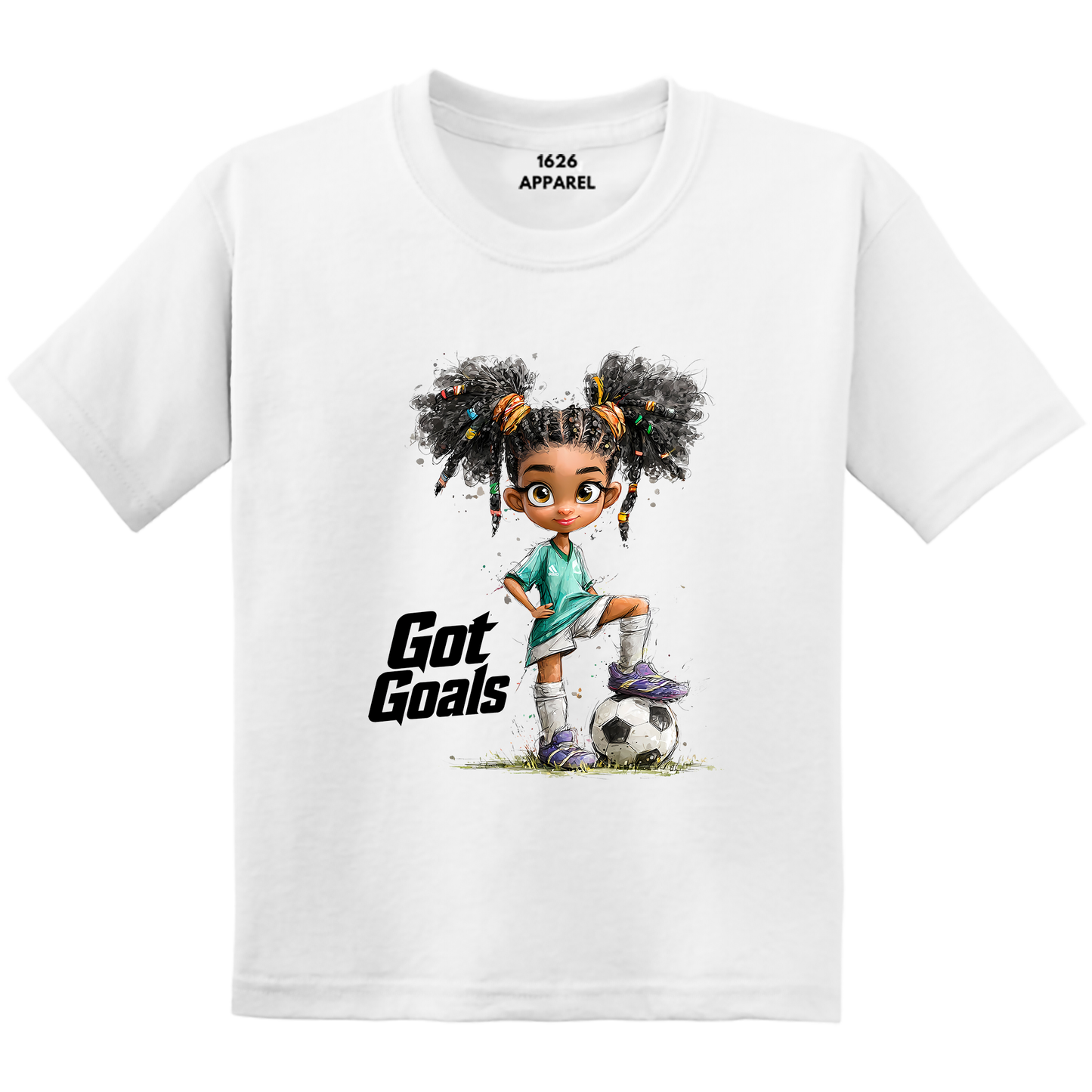A white short-sleeve crewneck t-shirt featuring a cartoon graphic of a girl with pigtails wearing a soccer uniform and kicking a soccer ball, with the text 'Got Goals' printed below. The brand '1626 APPAREL' is printed inside the collar.