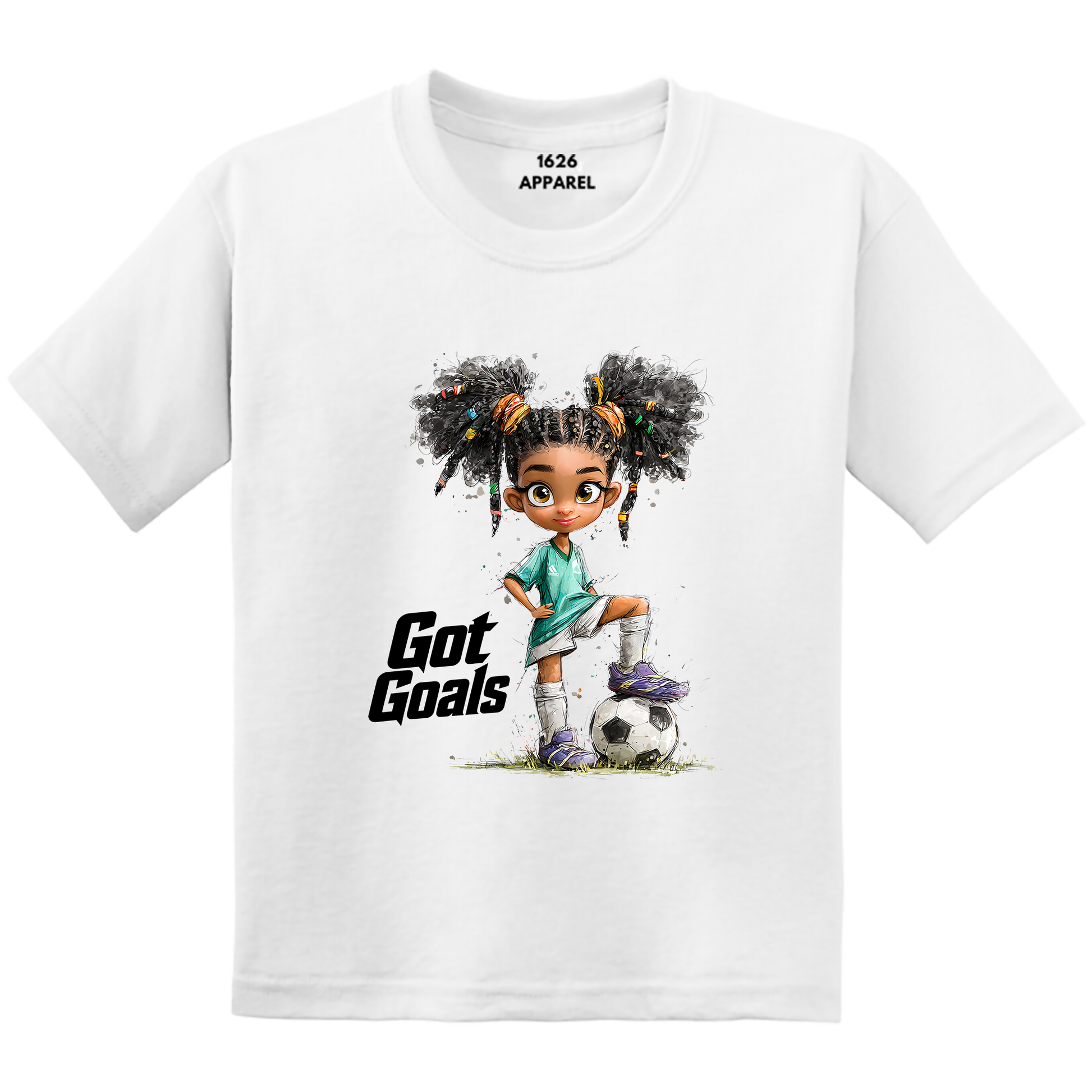 A white short-sleeve crewneck t-shirt featuring a cartoon graphic of a girl with pigtails wearing a soccer uniform and kicking a soccer ball, with the text 'Got Goals' printed below. The brand '1626 APPAREL' is printed inside the collar.