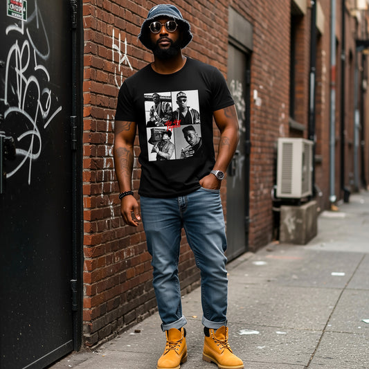 Man wearing a black hip hop legends  t-shirt with blue jeans, and Timberland boots standing against a brick wall.