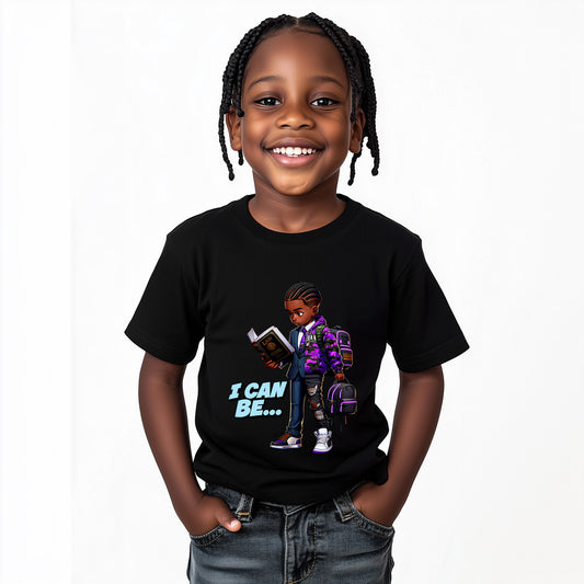 A young boy wearing a black Boys I Can Be A Lawyer T-Shirts