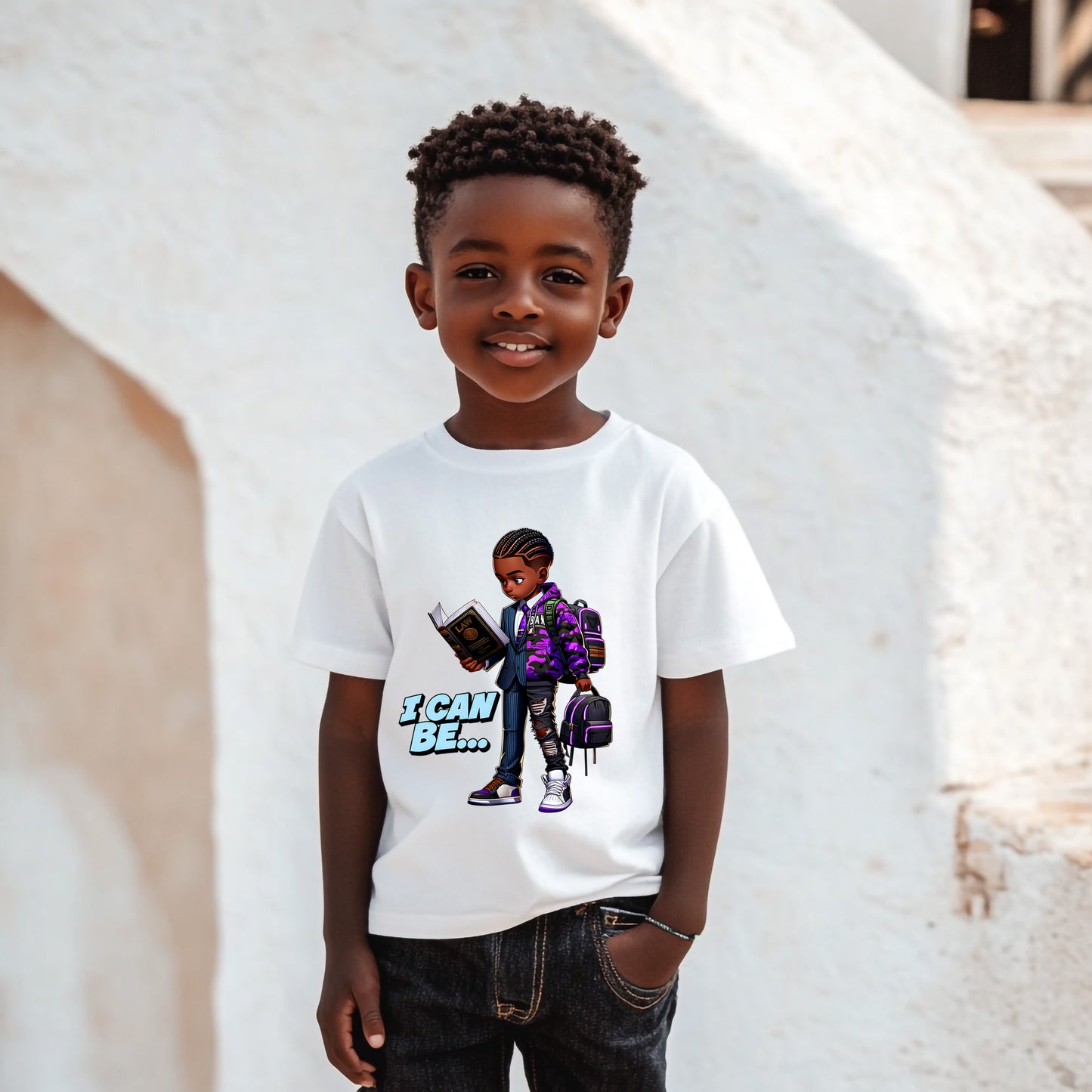 A young boy wearing a white Boys I Can Be A Lawyer T-Shirts