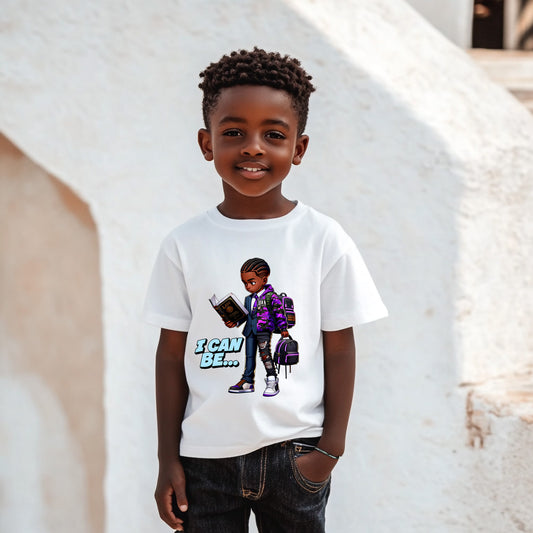 A young boy wearing a white Boys I Can Be A Lawyer T-Shirts
