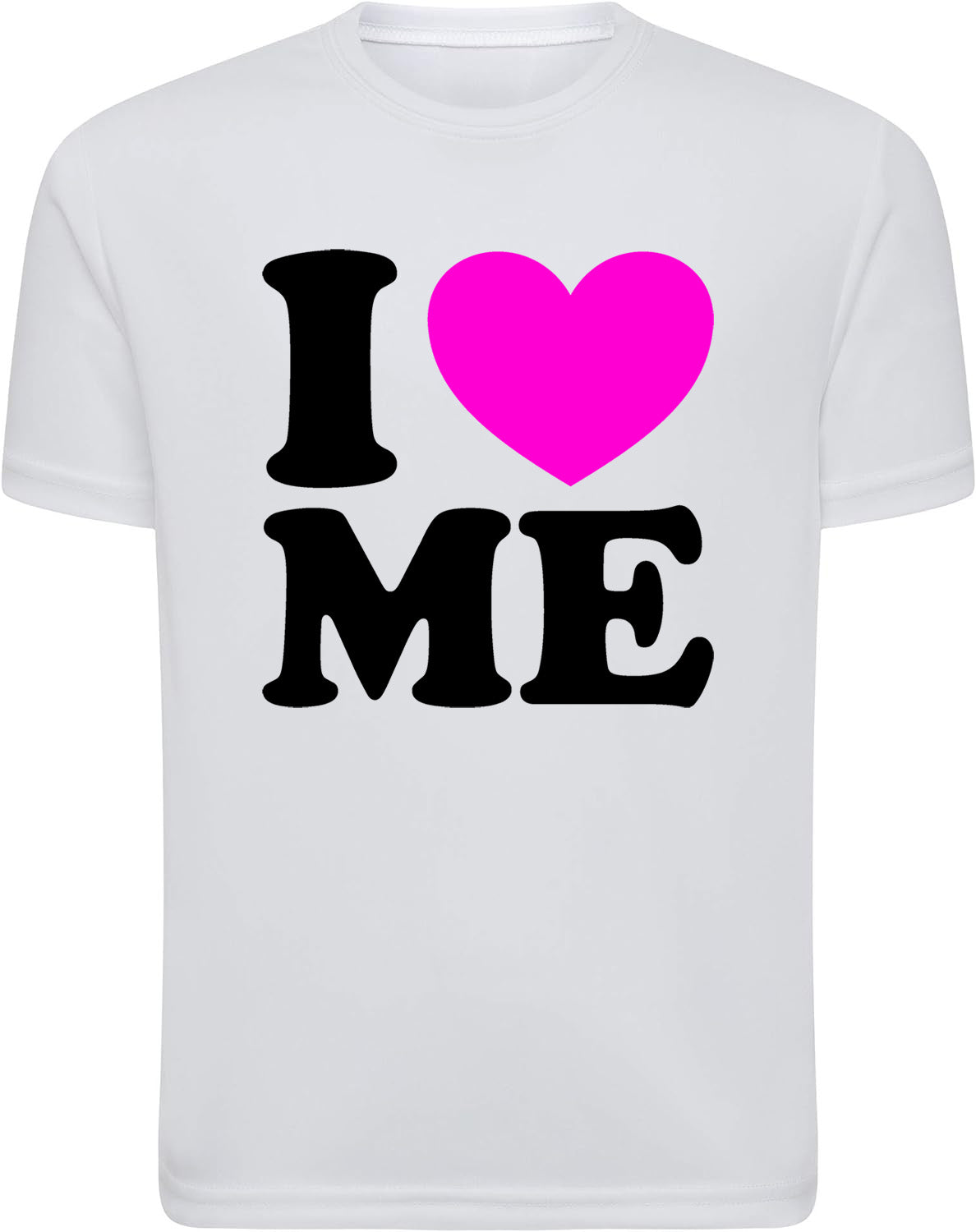 White t-shirt with 'I ❤️ ME' text design on a white background