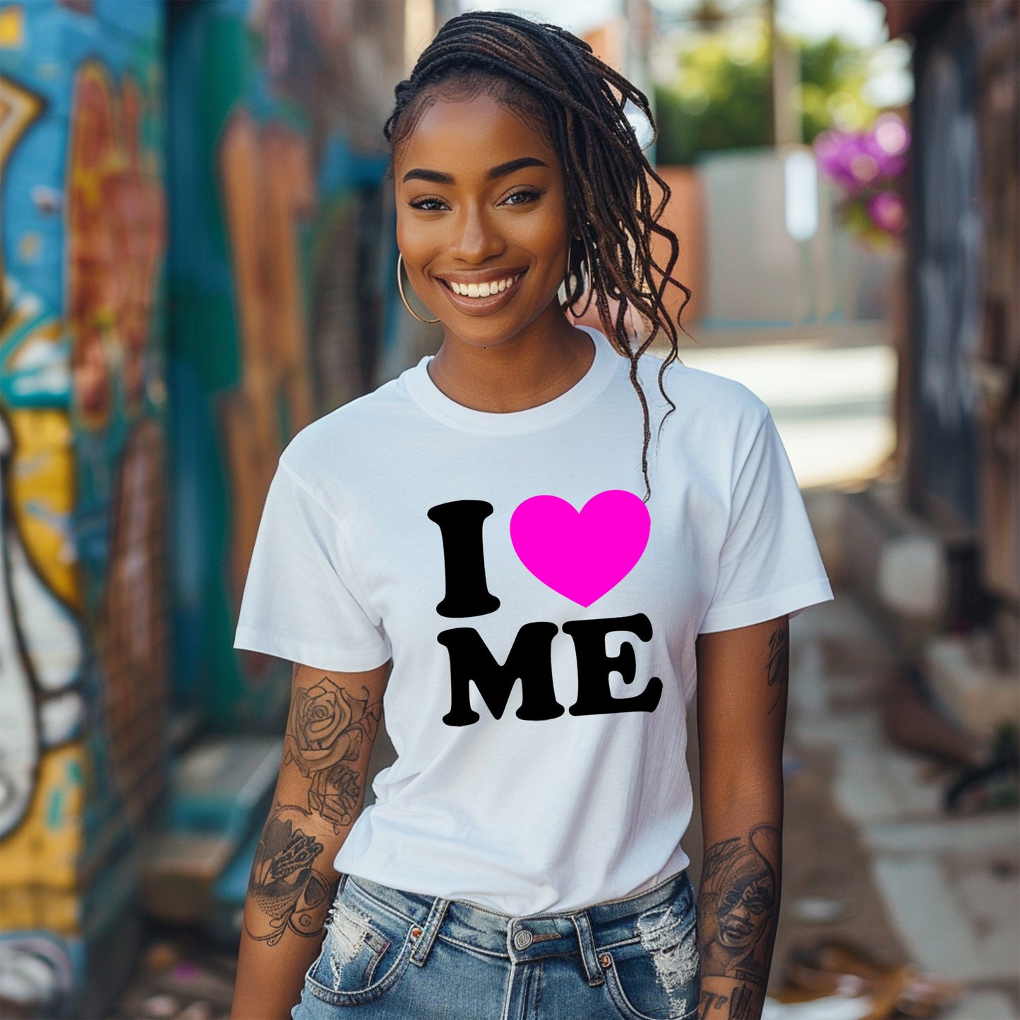 Woman wearing a white t-shirt with 'I ❤️ ME' design, standing in front of a colorful mural.