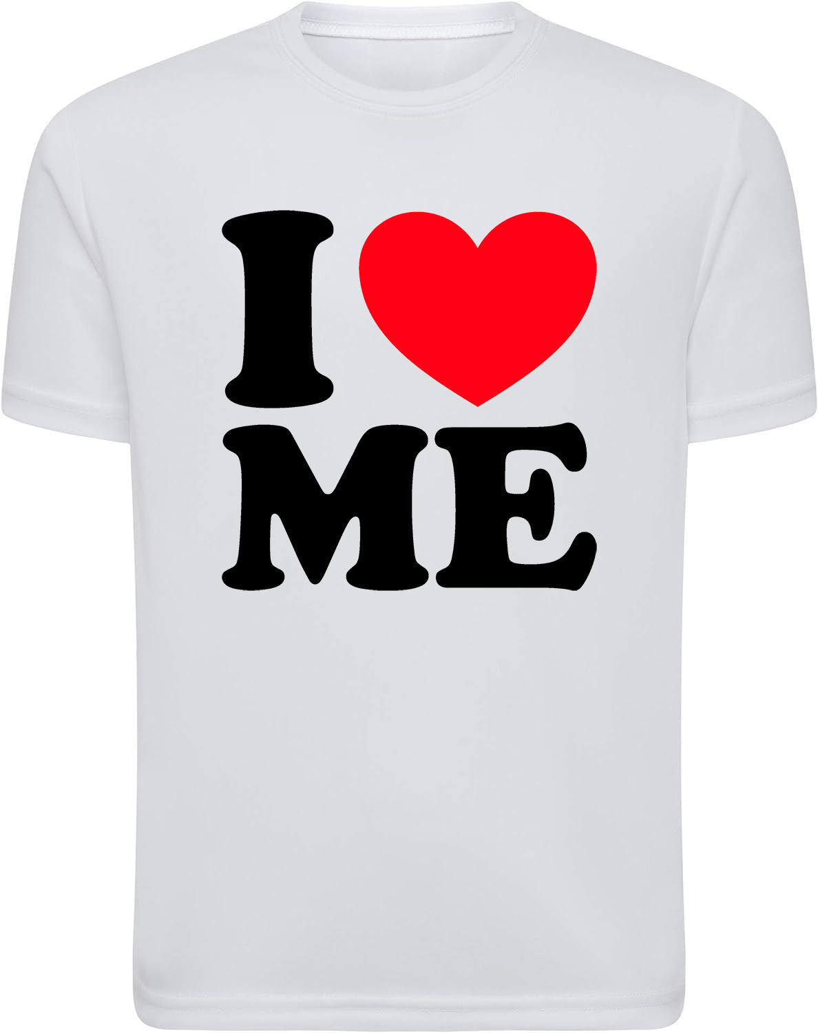 White t-shirt with 'I ❤️ ME' text design on a white background