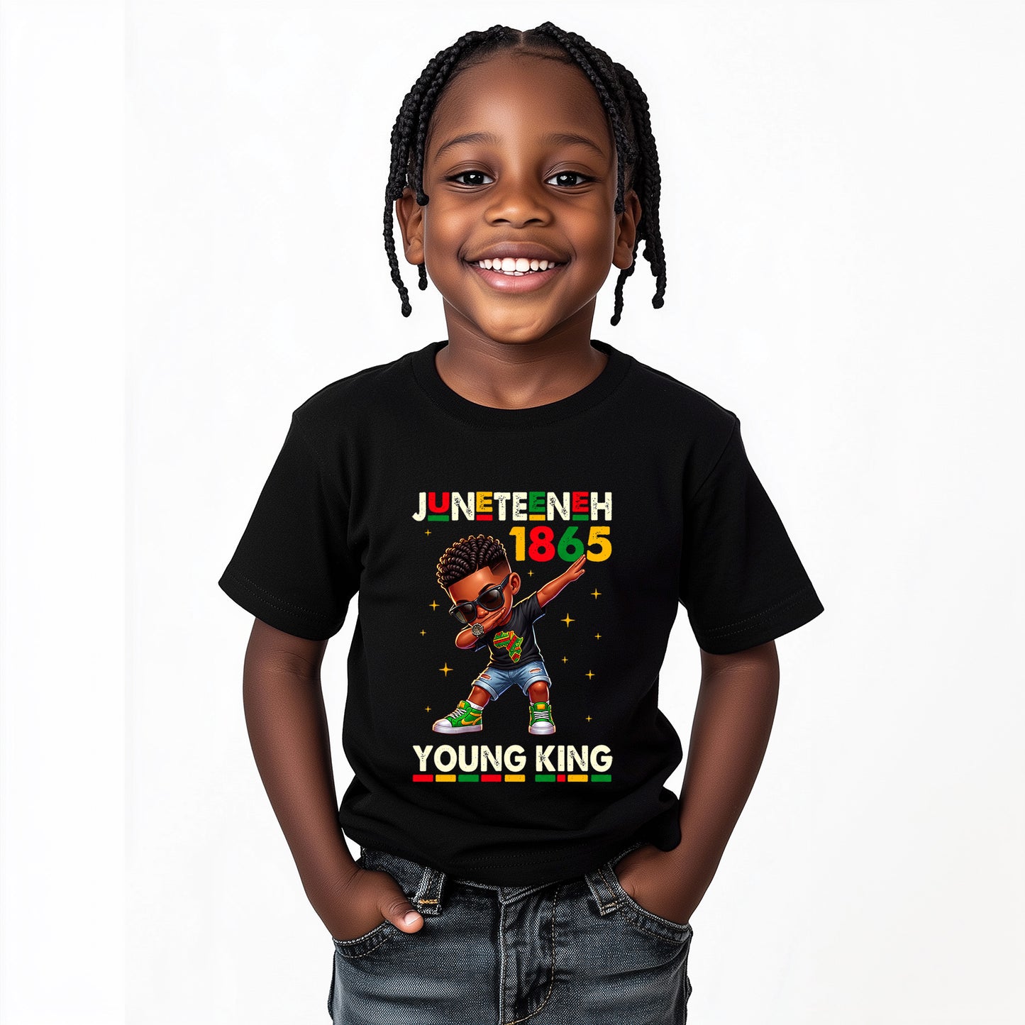 Child wearing a black t-shirt with Juneteenth 1865 design on a white background