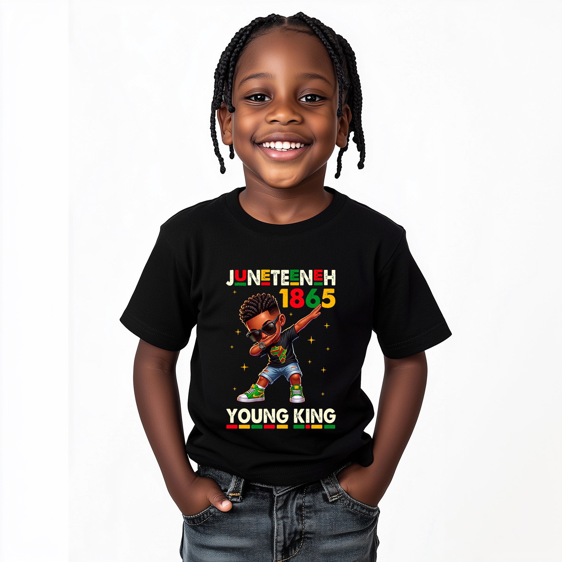 Child wearing a black t-shirt with Juneteenth 1865 design on a white background
