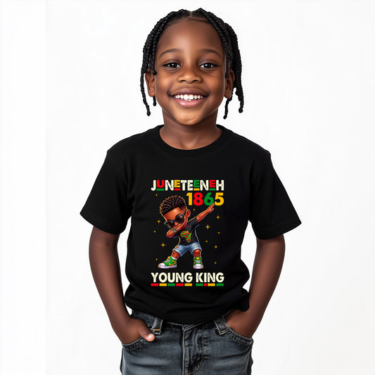 Child wearing a black t-shirt with Juneteenth 1865 design on a white background