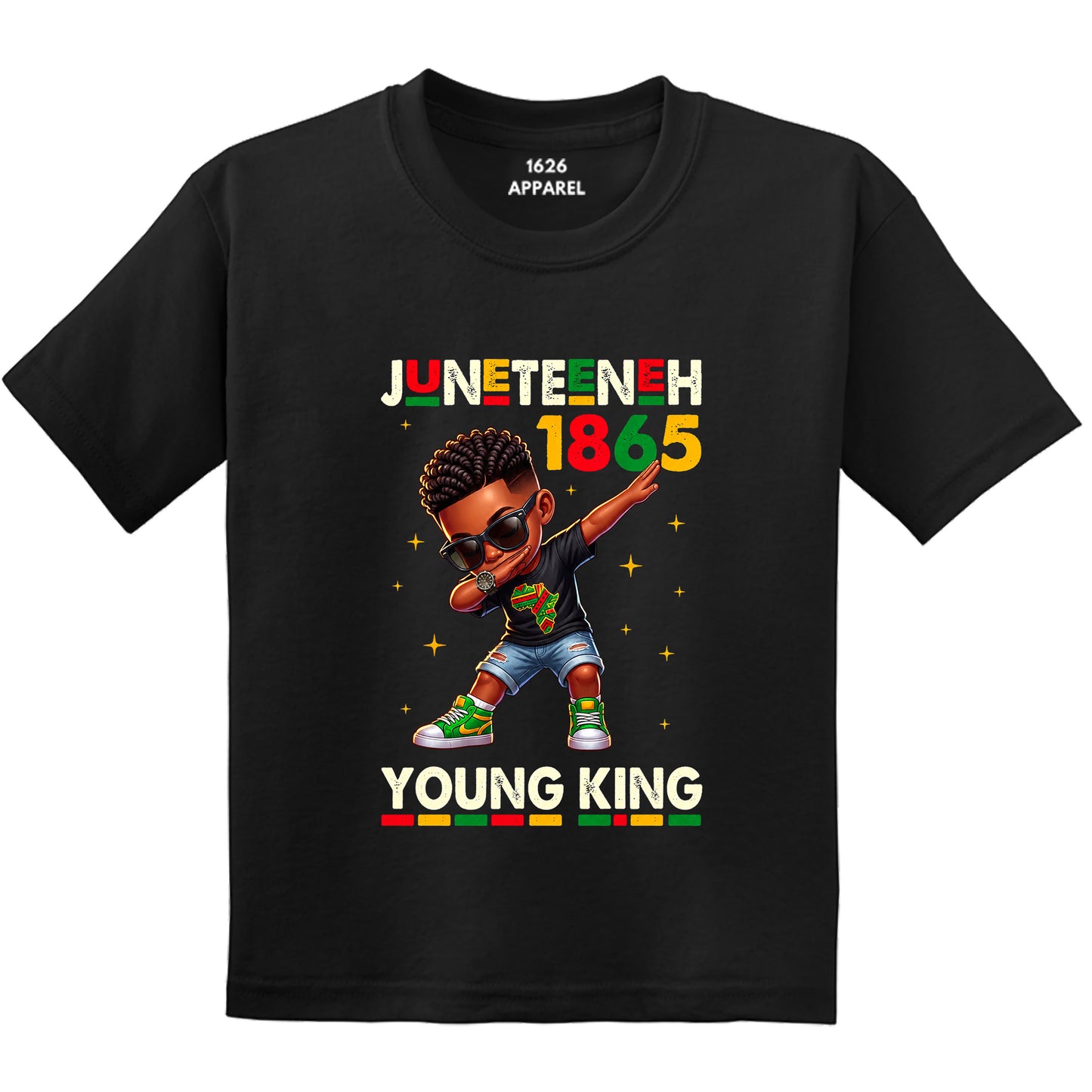 Black t-shirt with Juneteenth 1865 graphic design featuring a child-like figure.